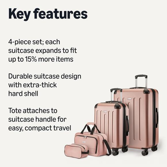Amazon Basics 4-Piece Luggage Set, Two Hardside Suitcases, 28-22-15-10 Rose Gold main image 4